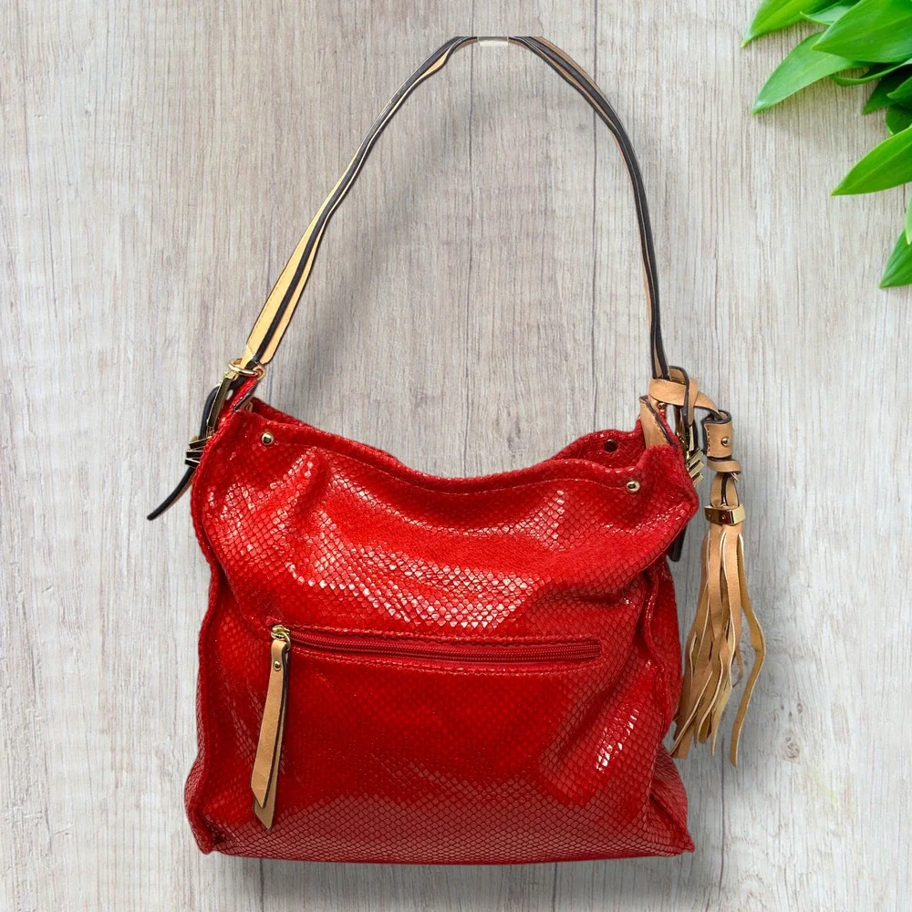 Sondra Roberts Squared Red Snakeskin Print Slouchy Shoulder Bag Tassel Hobo